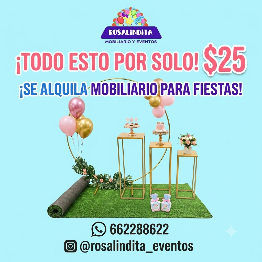 Mobiliario de aro de 2 metros, 3 mesitas y grama sintética