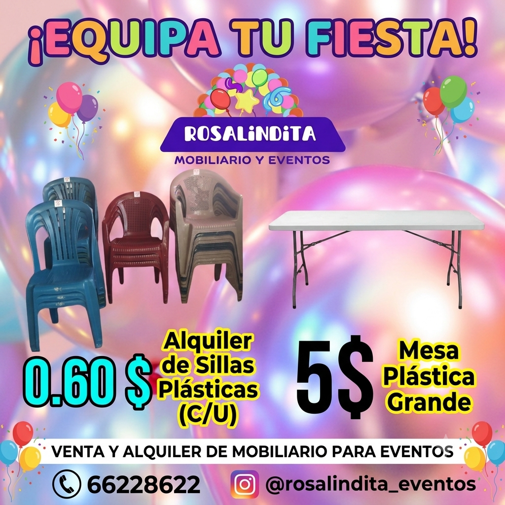 Sillas plásticas y mesas grandes 